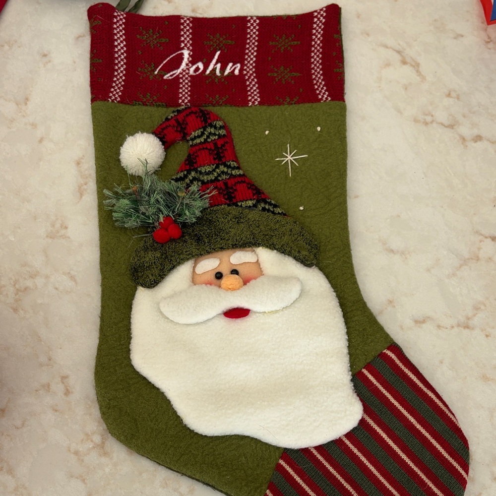 Festive Green and Red Santa Christmas Stocking “John”